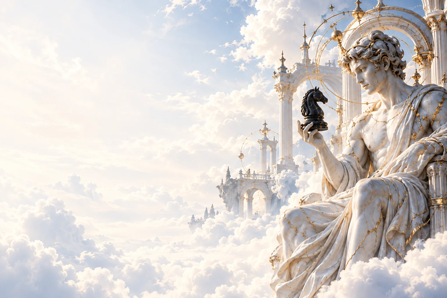 Marble sculpture holding a chess knight beneath celestial arches