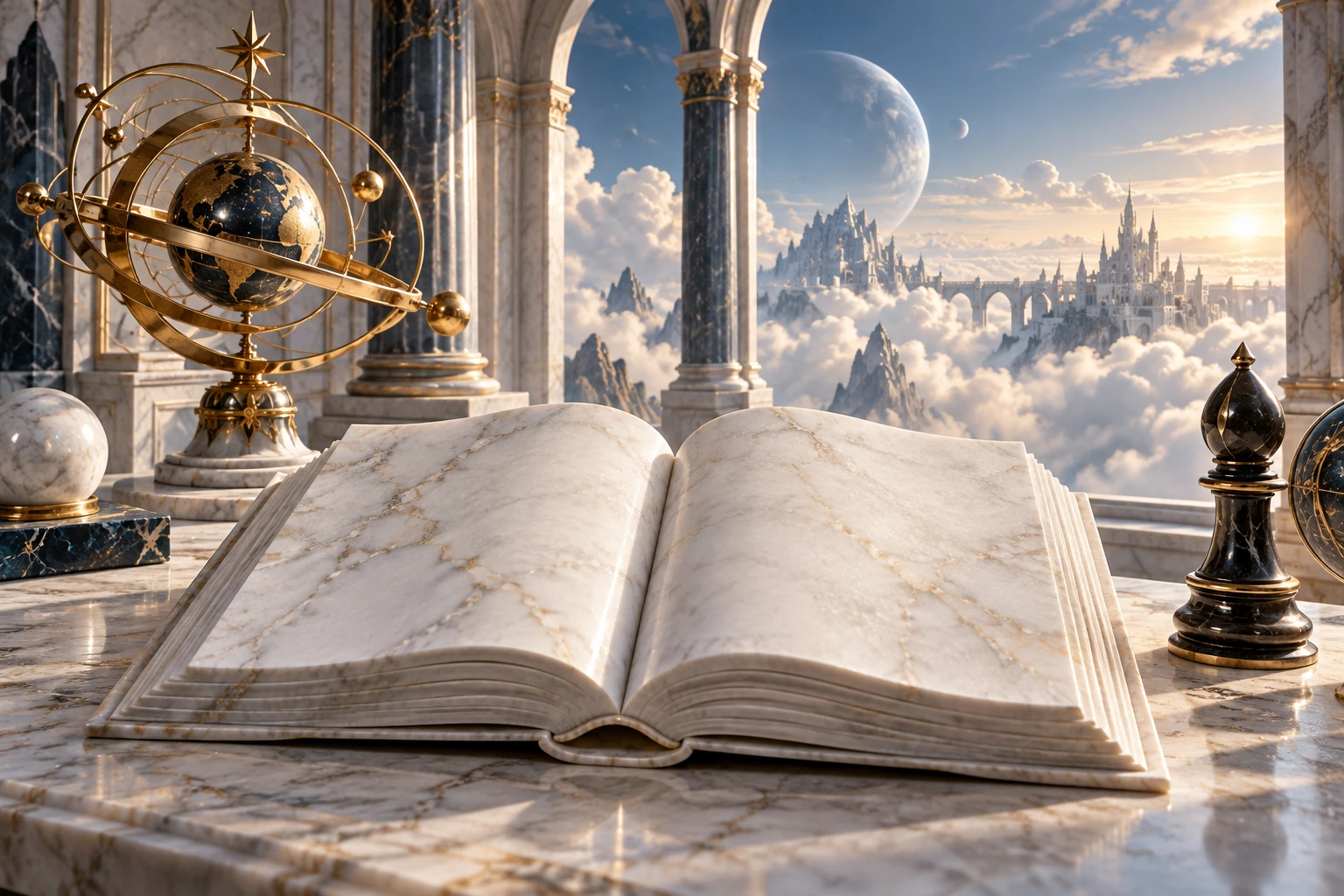 An open marble book and golden astrolabe among arches